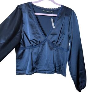 NY&C Satin Lace Trim V-Neck Blouse Womens Large Navy Blue NWT CN220025